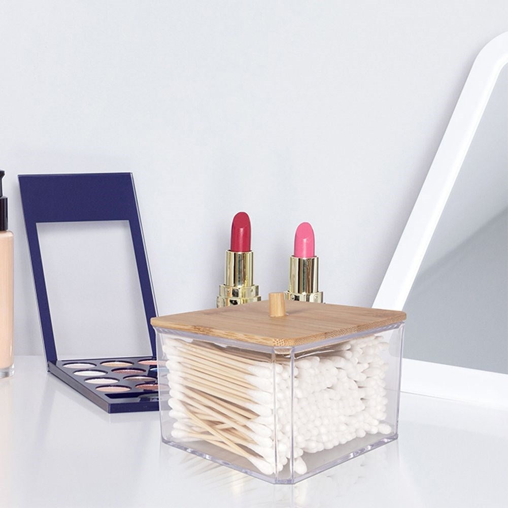 Cotton pad container in acrylic and bamboo for the dressing table