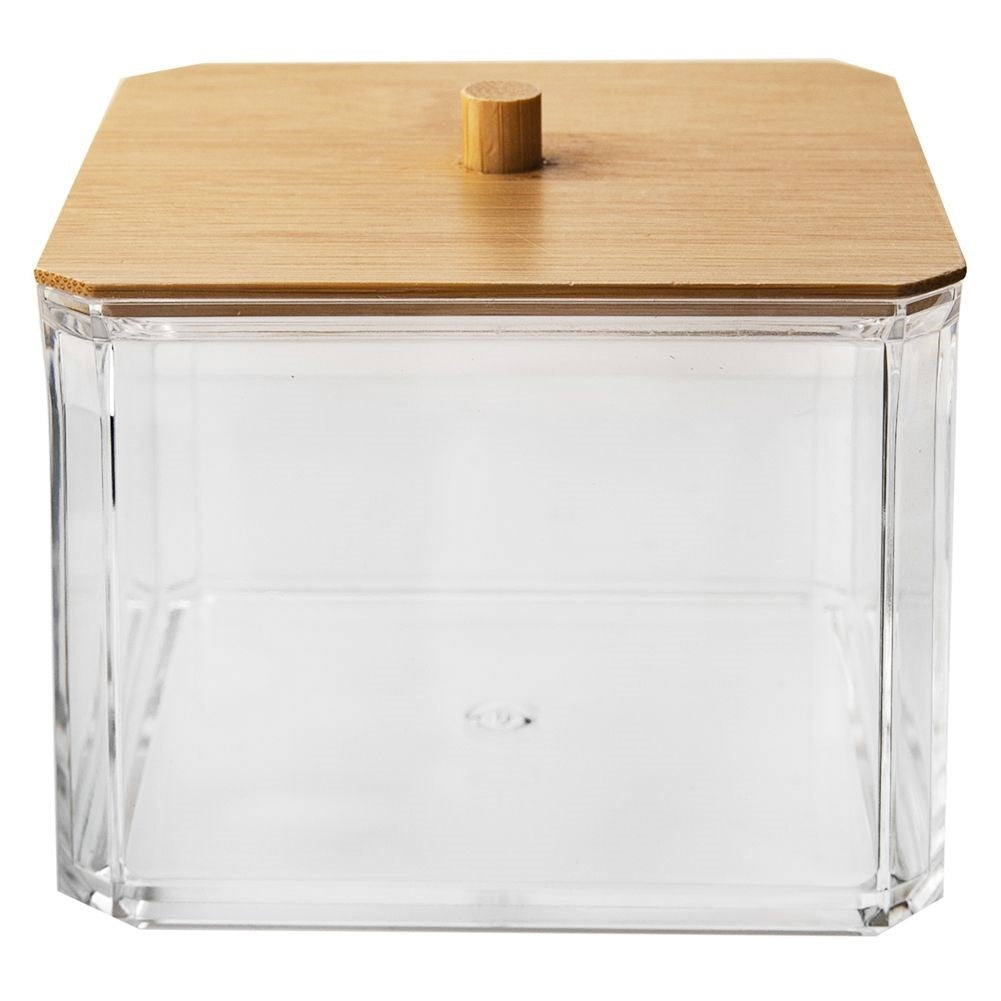 Cotton pad container in acrylic and bamboo for the dressing table
