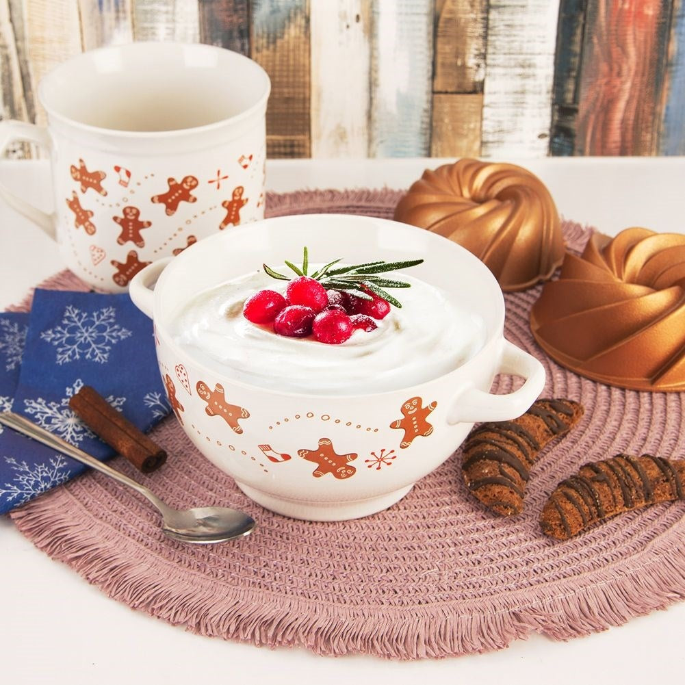 Cozy ceramic bowl with handle and gingerbread motif