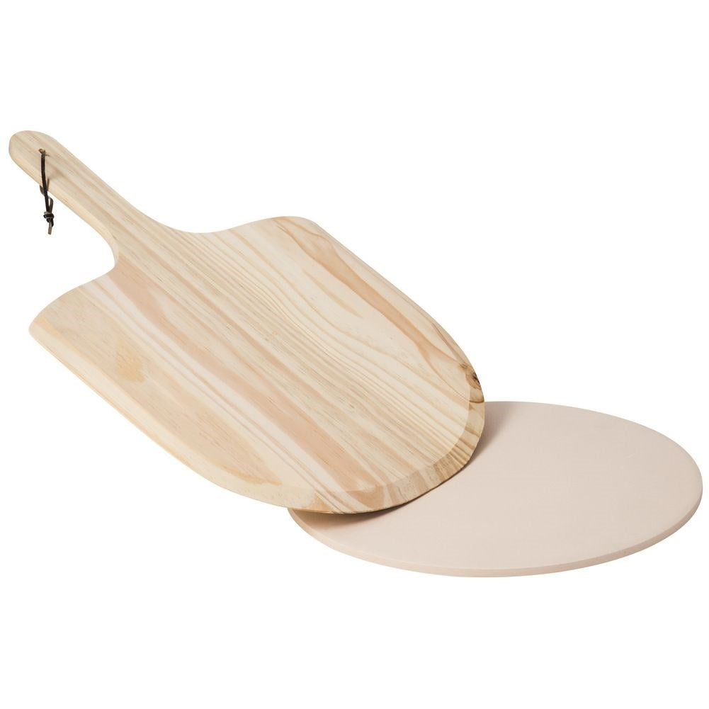 Crispy pizza with chamotte pizza stone and wooden board