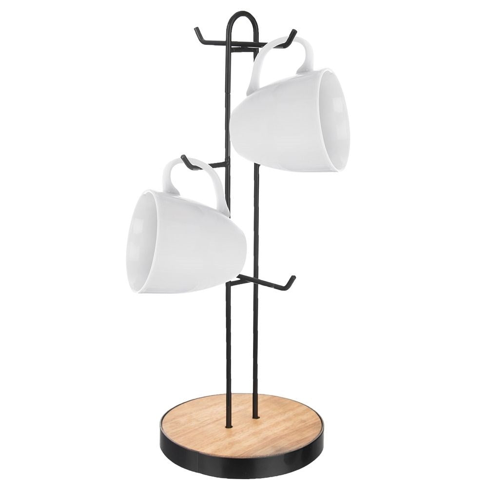 Cup stand for 6 cups in black metal and wooden base