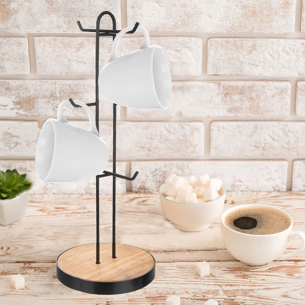 Cup stand for 6 cups in black metal and wooden base