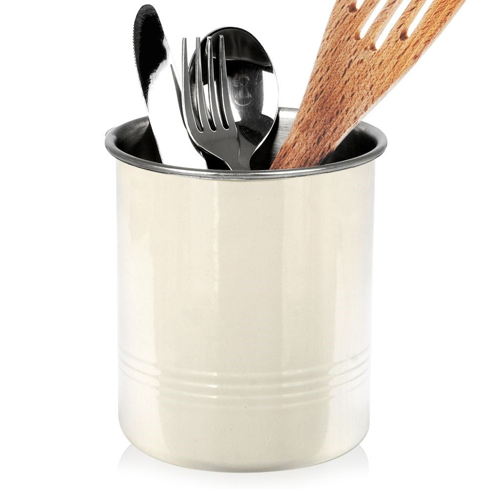 Cutlery container in stainless steel with beige outer part