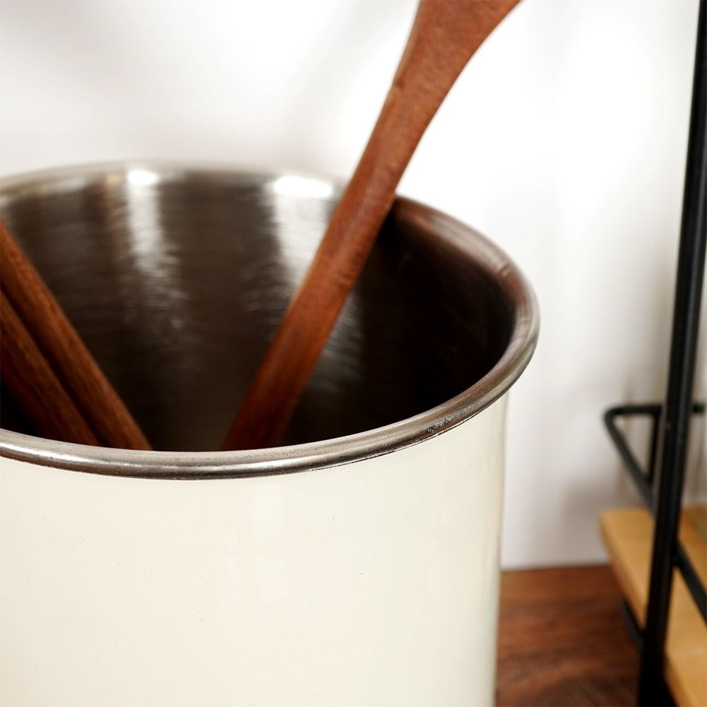 Cutlery container in stainless steel with beige outer part