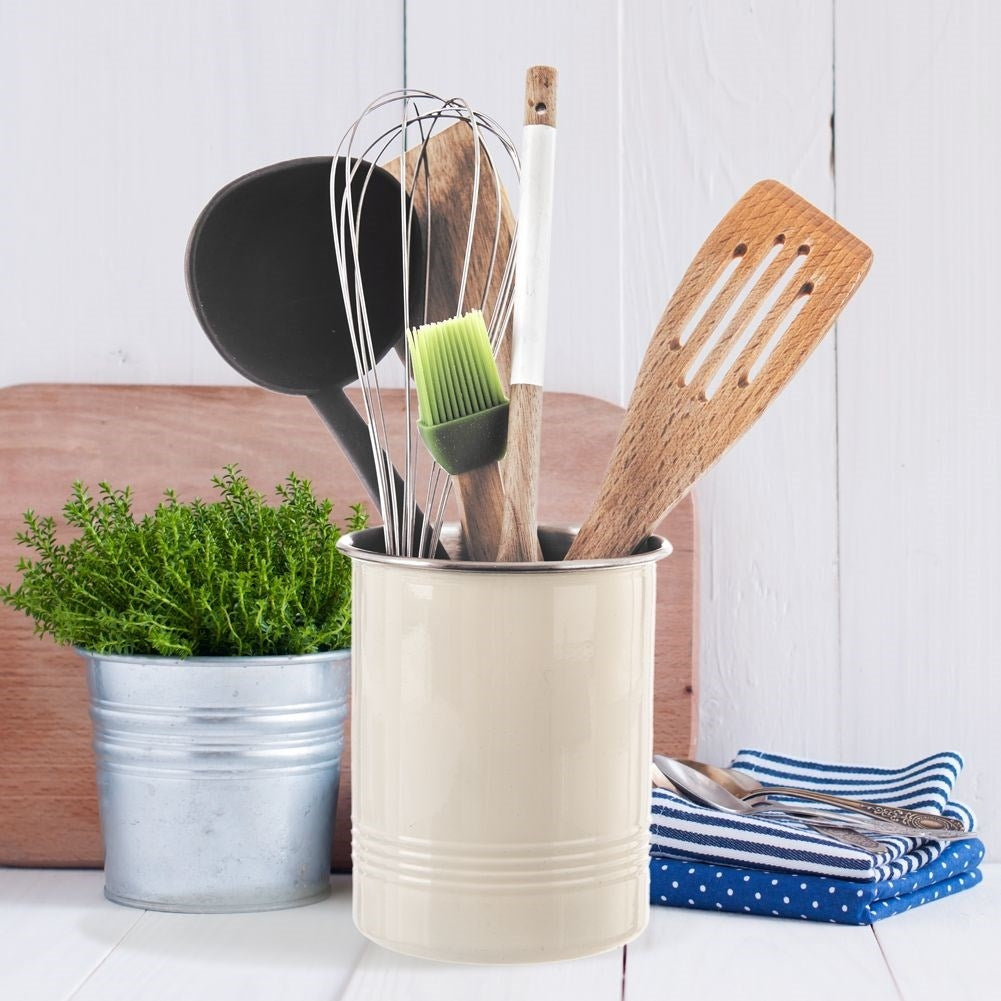 Cutlery container in stainless steel with beige outer part