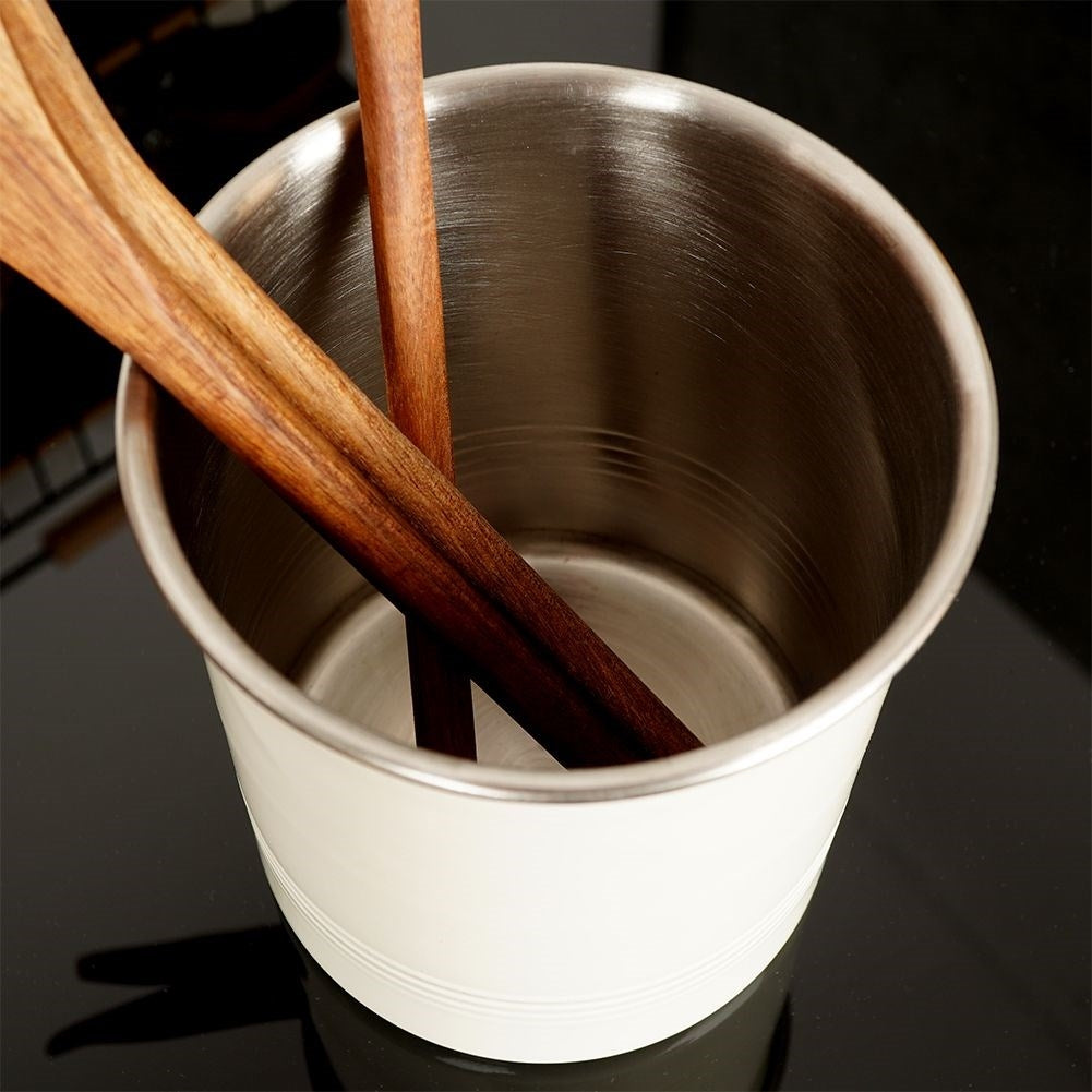 Cutlery container in stainless steel with beige outer part