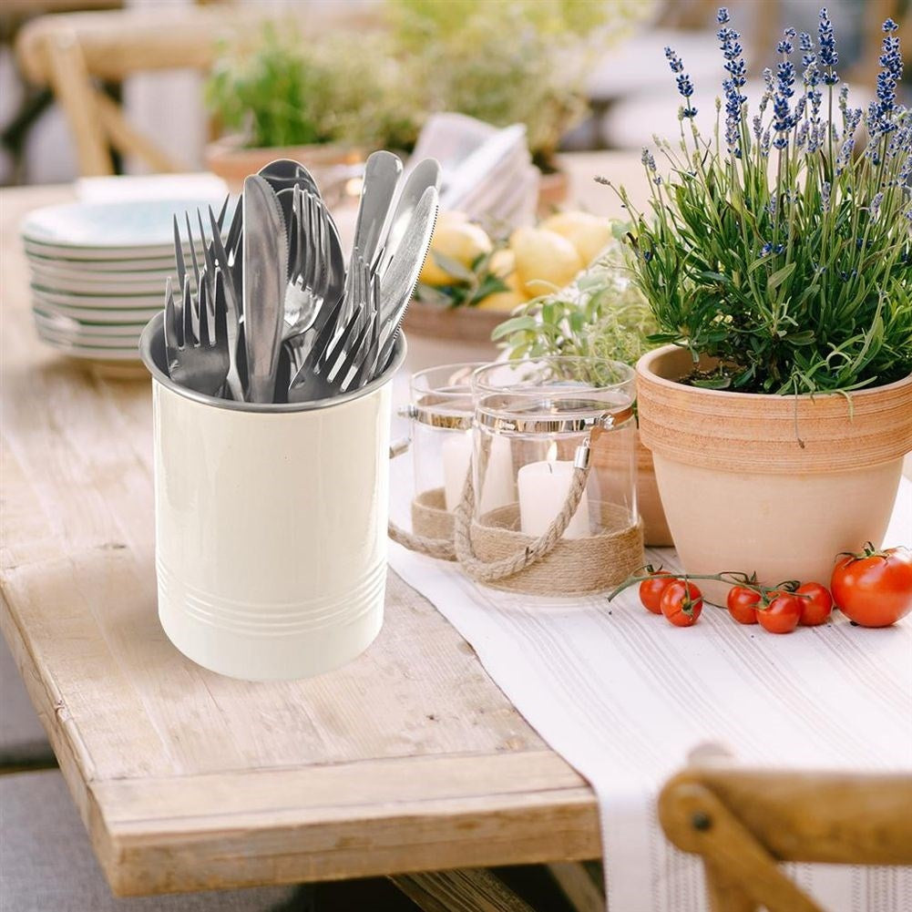 Cutlery container in stainless steel with beige outer part