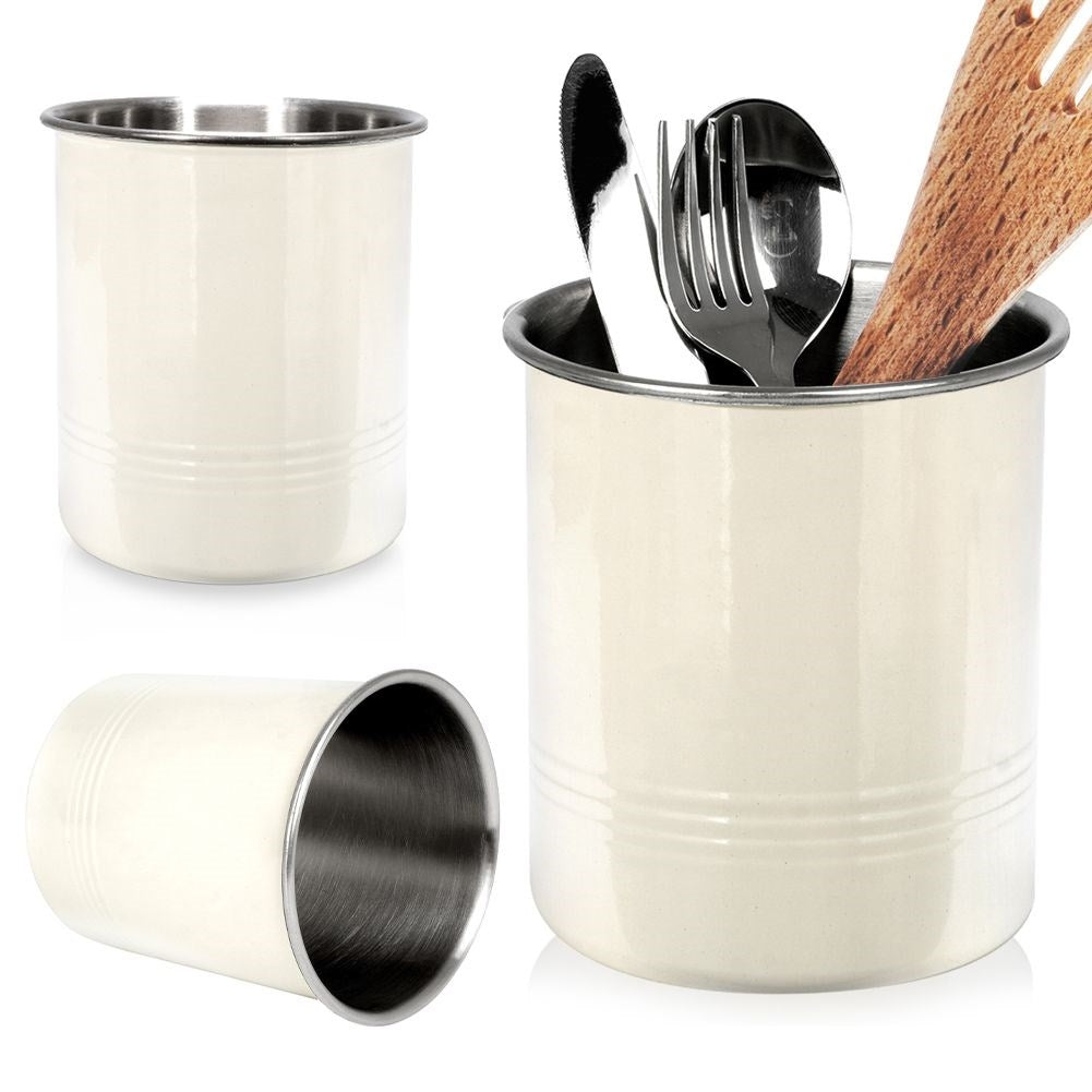 Cutlery container in stainless steel with beige outer part