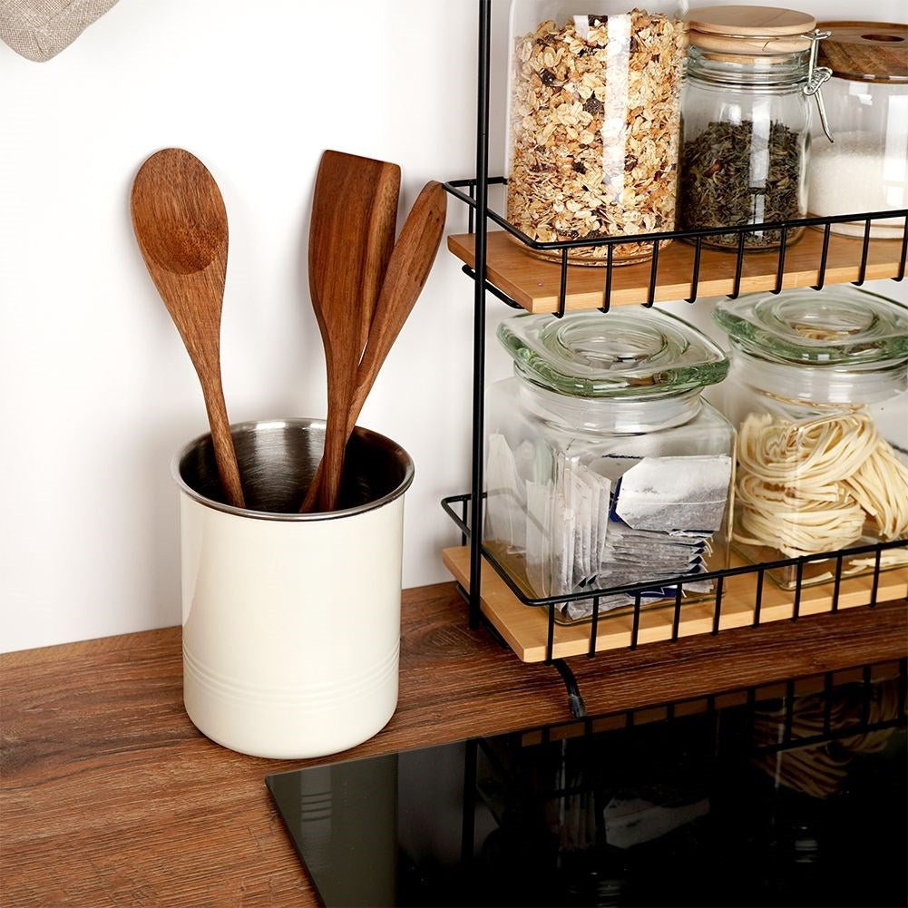 Cutlery container in stainless steel with beige outer part