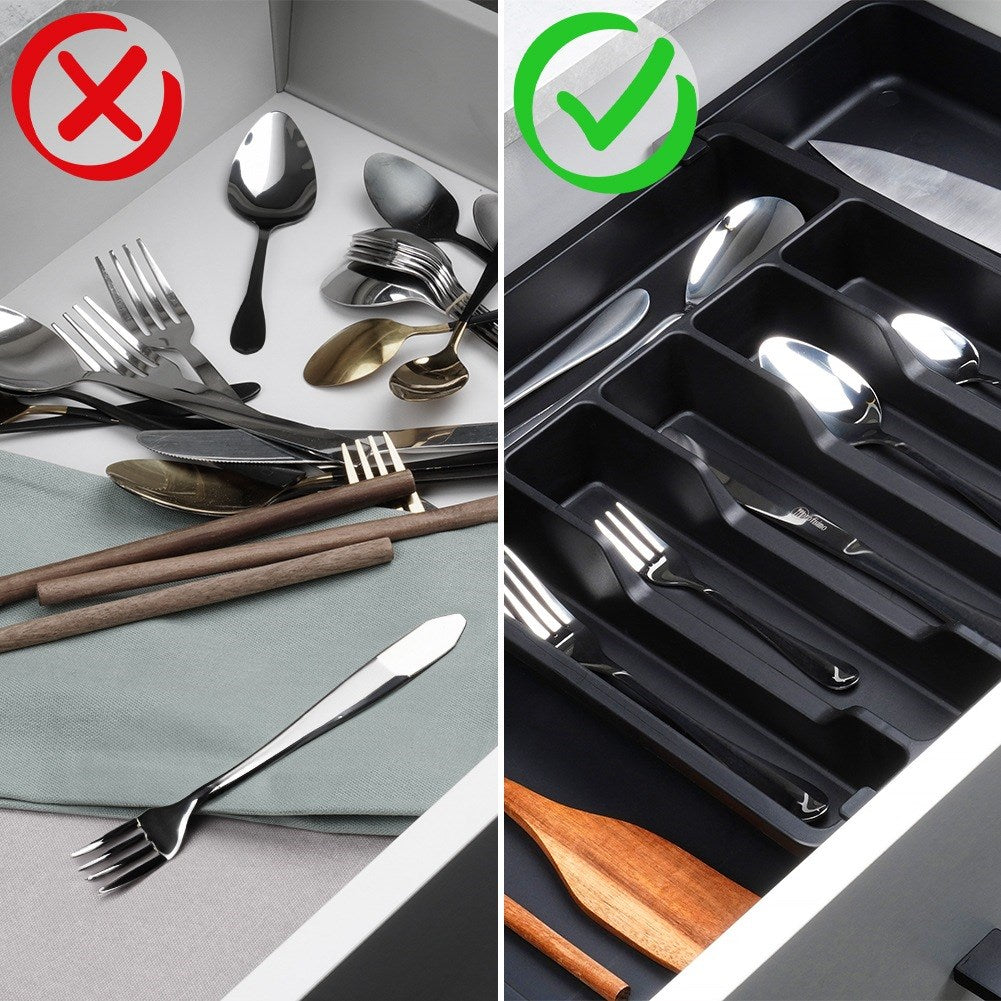 Cutlery drawer insert, extendable, black, 33-56.5x37.5 cm