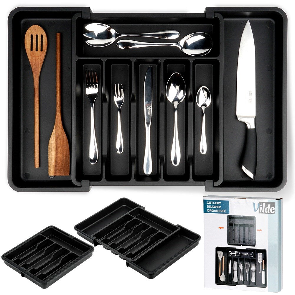 Cutlery drawer insert, extendable, black, 33-56.5x37.5 cm