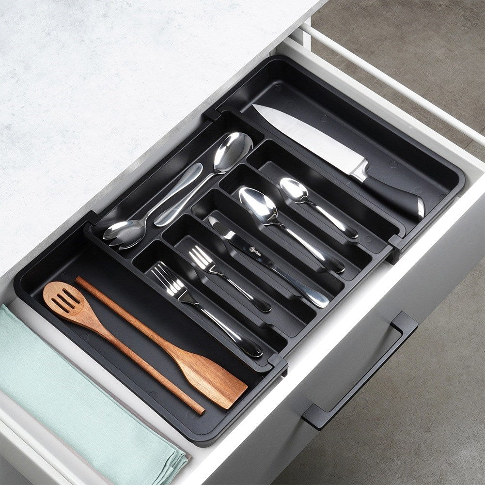 Cutlery drawer insert, extendable, black, 33-56.5x37.5 cm