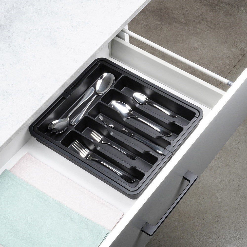 Cutlery drawer insert, extendable, black, 33-56.5x37.5 cm