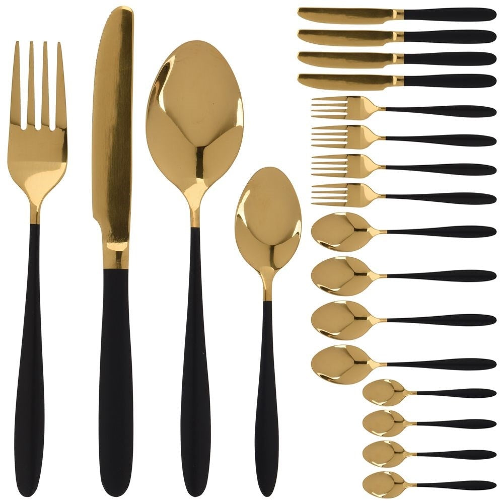 Cutlery set 16 pieces in gold/black stainless steel for 4 pers