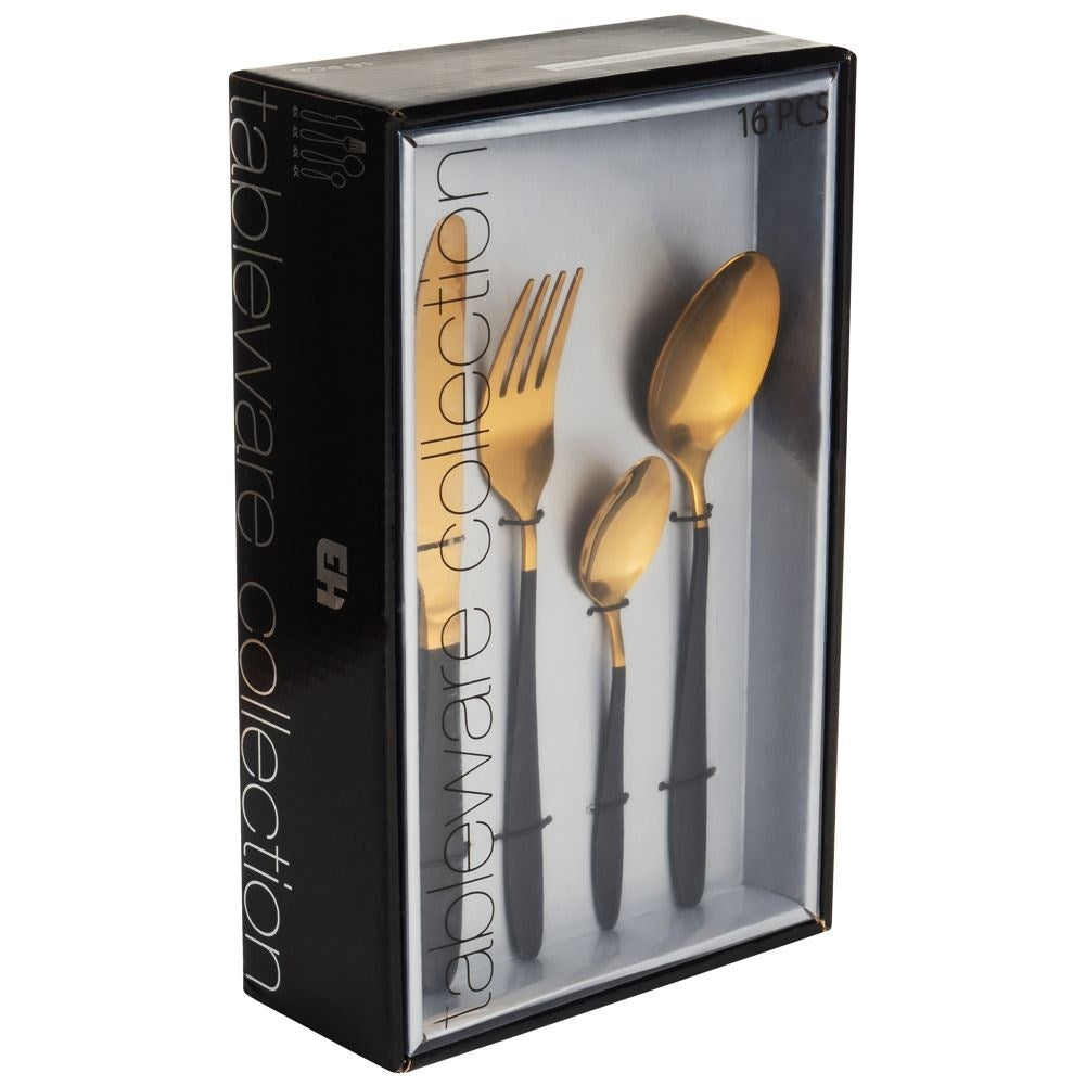 Cutlery set 16 pieces in gold/black stainless steel for 4 pers