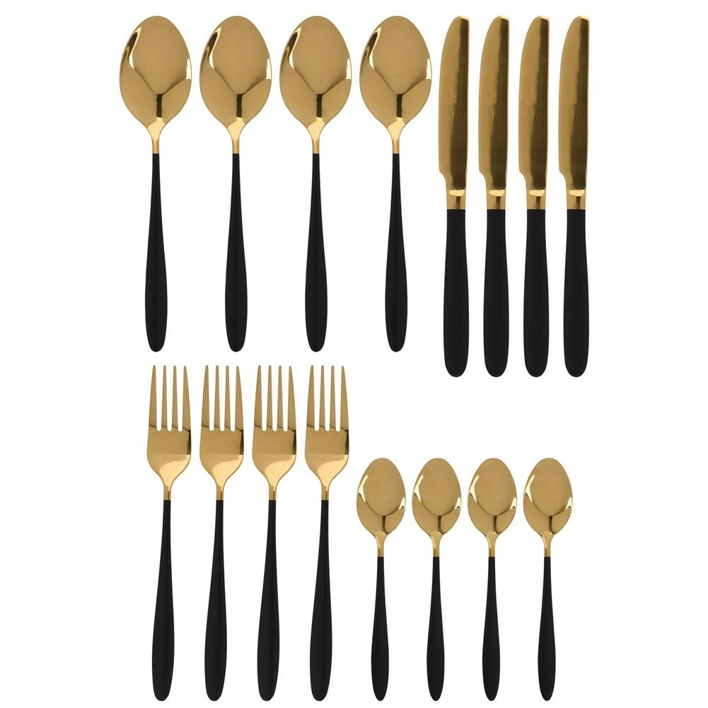 Cutlery set 16 pieces in gold/black stainless steel for 4 pers