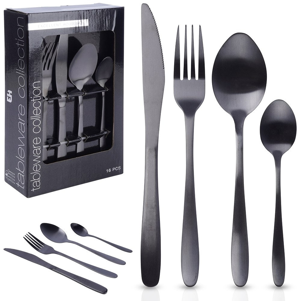 Cutlery set for 4 in matt black stainless steel