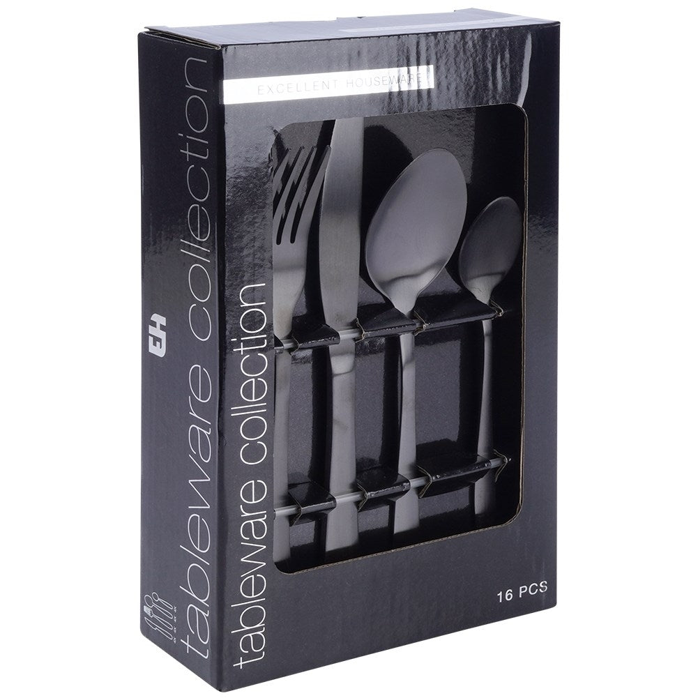 Cutlery set for 4 in matt black stainless steel