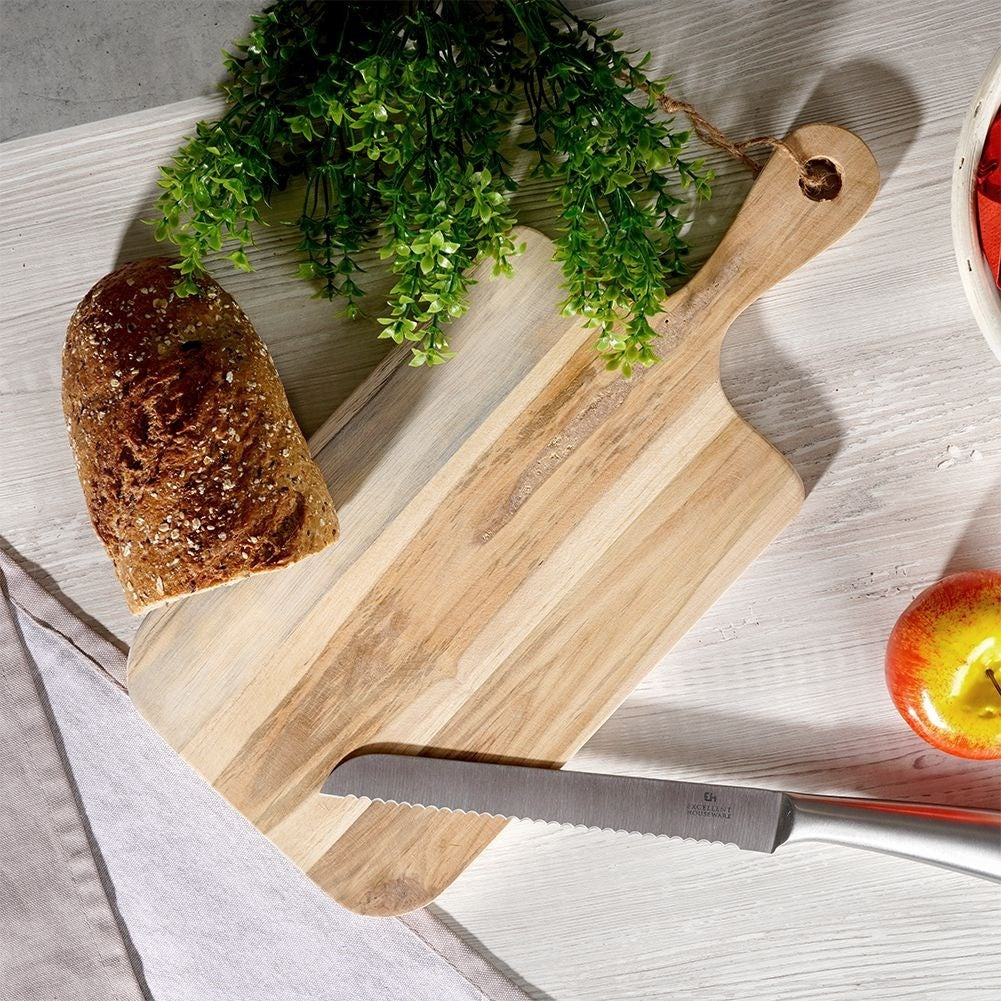 Cutting board in teak wood with handle and hanging cord