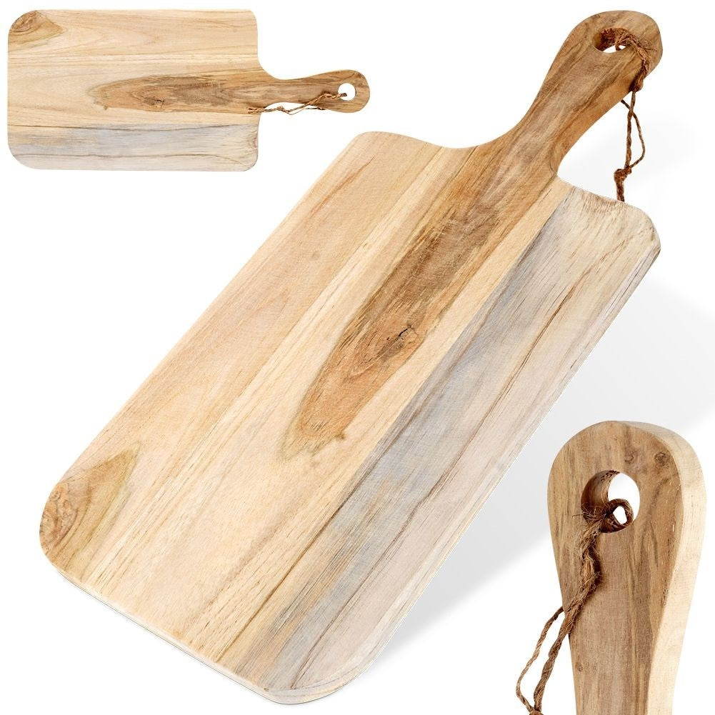 Cutting board in teak wood with handle and hanging cord