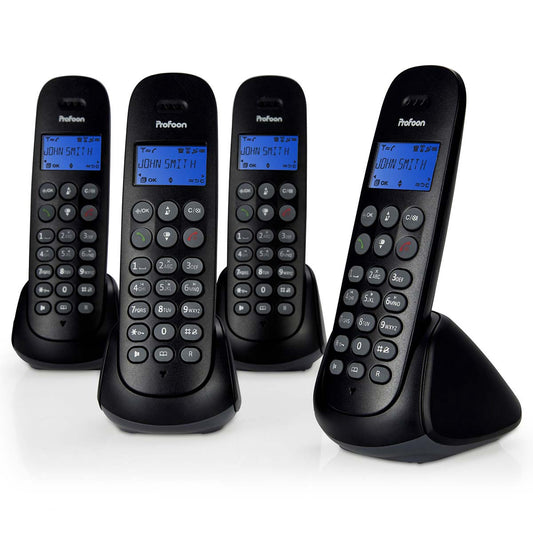 DECT Cordless Phone with Answering Machine, 4 Handsets, Black