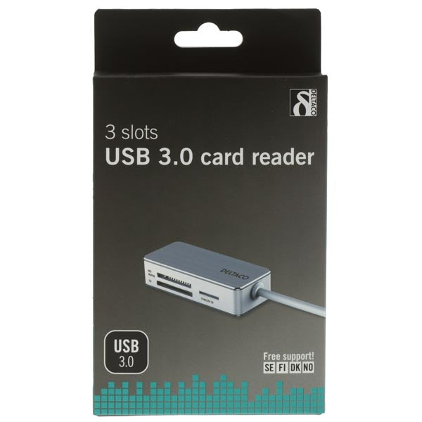 DELTACO USB 3.0 memory card reader, 3 slots, supports SDHC, Micro-SD, TF, MS PRO/DUO