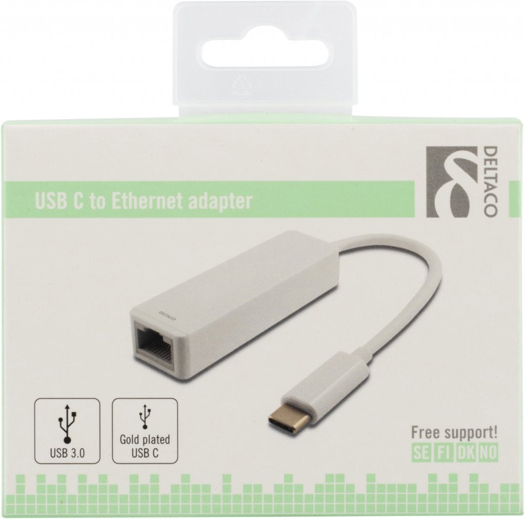 DELTACO USB 3.1 network adapter, Gigabit, 1xRJ45, USB Type C, white