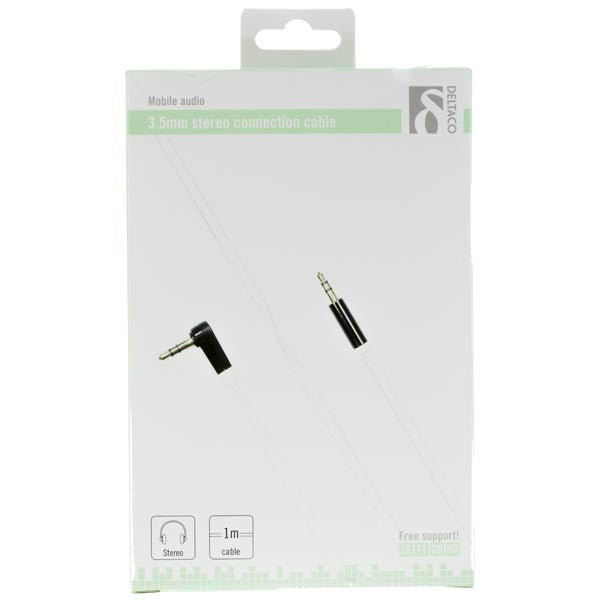 DELTACO audio cable, angled 3.5mm male - 3.5mm male, 1m, white