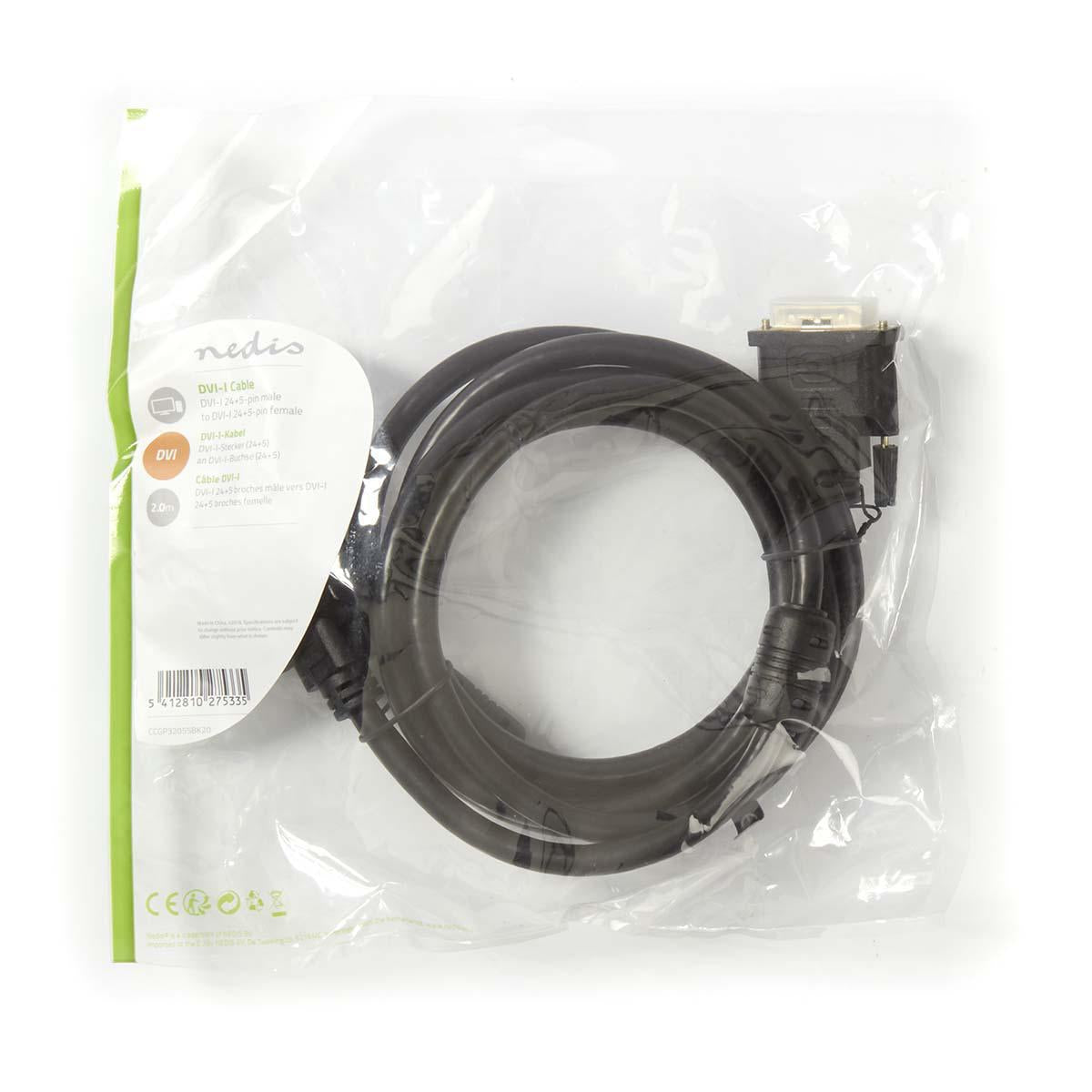 DVI cable | DVI-I 24+5-Pin Male | DVI-I 24+5-Pin Female | 2560x1600 | Nickel Plated | 2.00 m | Straight | PVC | Black | Plastic bag