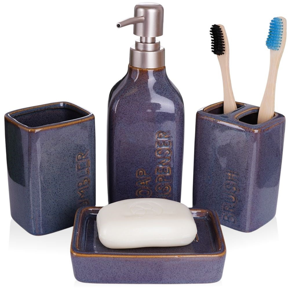 Dark Blue Ceramic Bathroom Set: Soap Pump, Cup, Holder, Mug
