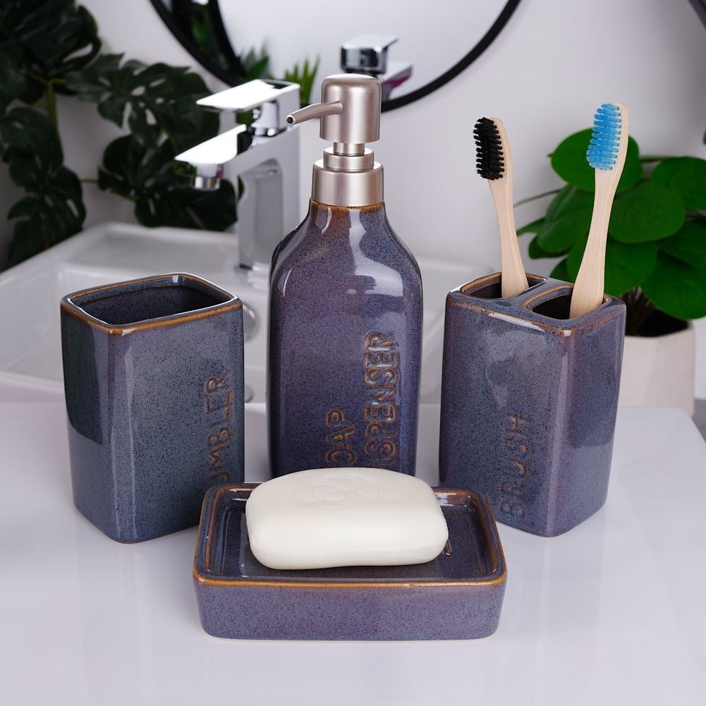 Dark Blue Ceramic Bathroom Set: Soap Pump, Cup, Holder, Mug