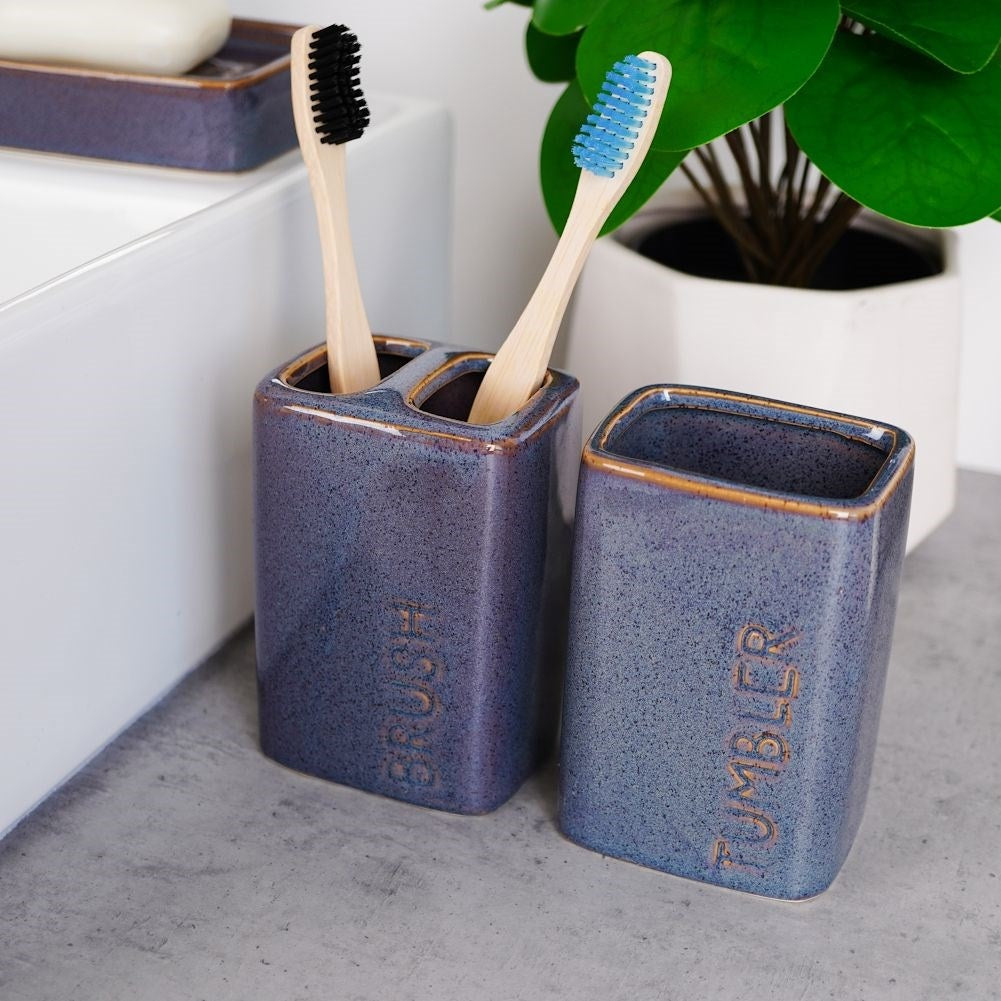 Dark Blue Ceramic Bathroom Set: Soap Pump, Cup, Holder, Mug