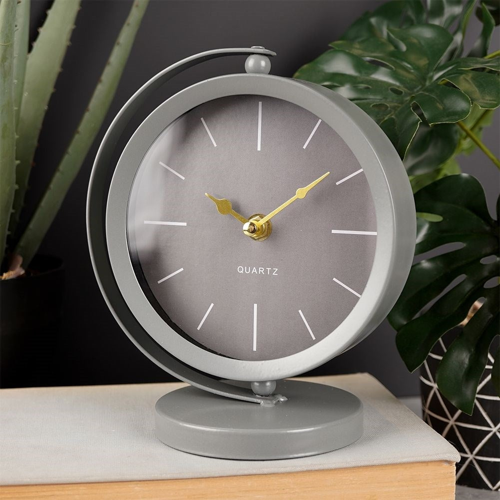 Decorative gray metal clock for dresser, desk or table