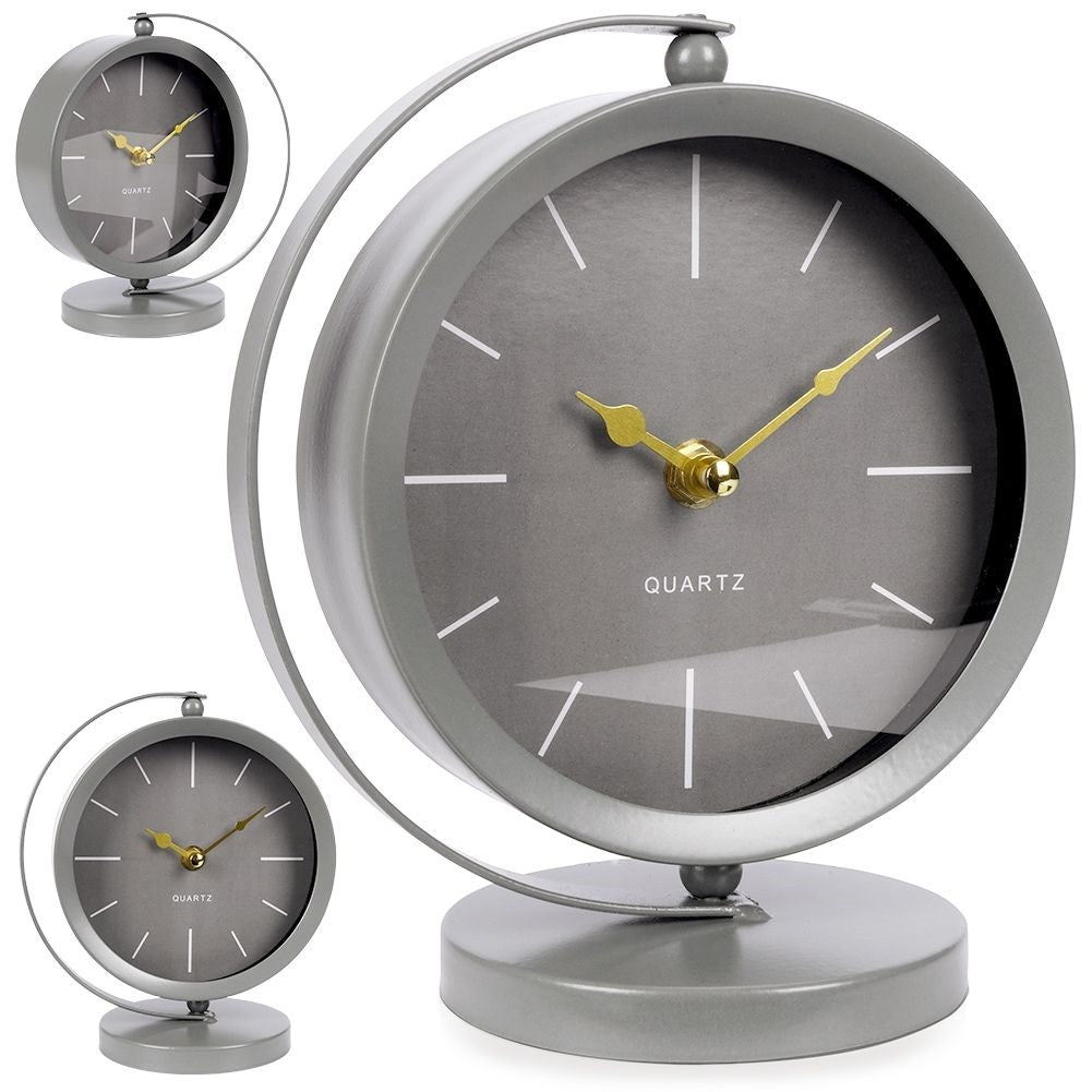 Decorative gray metal clock for dresser, desk or table