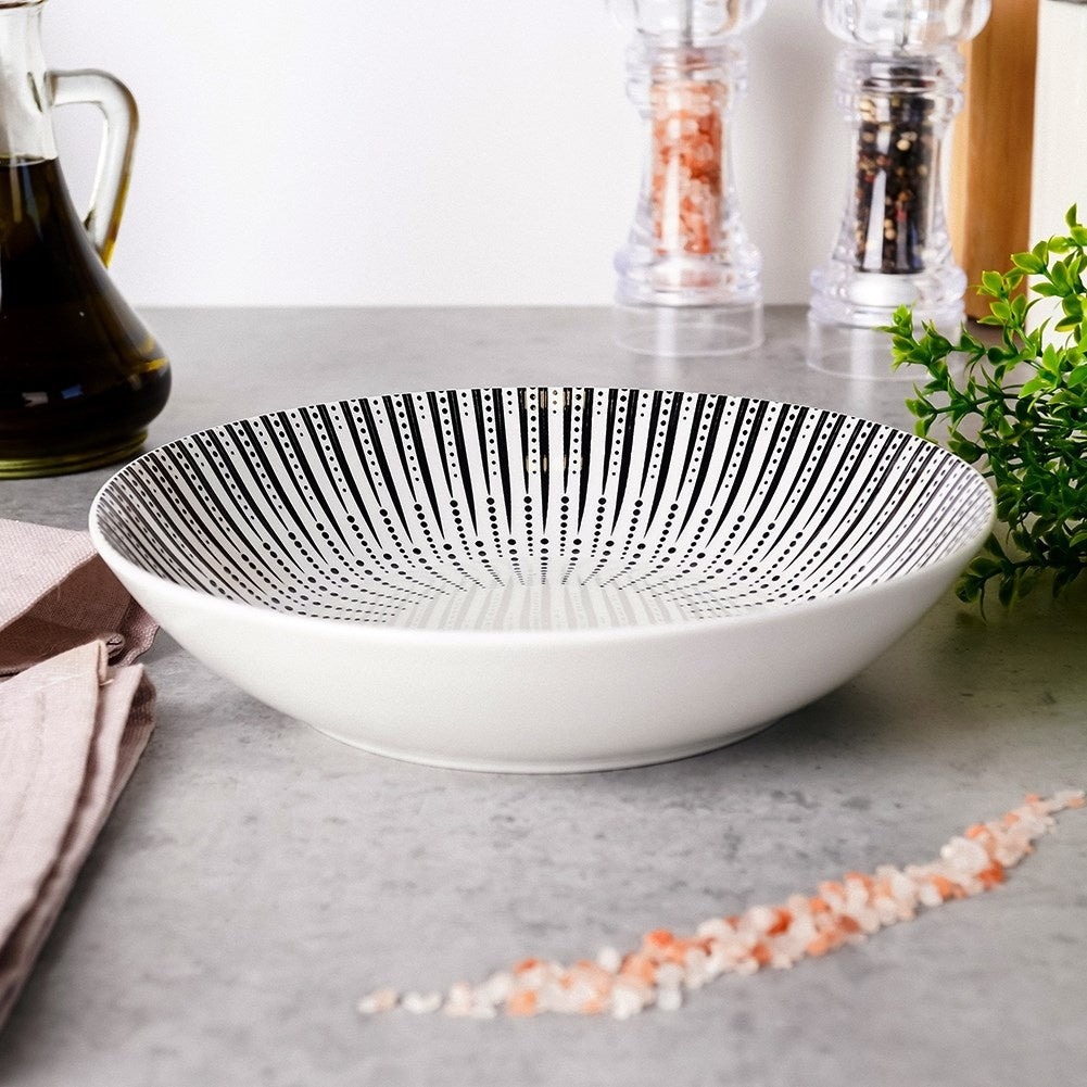 Deep Plate in Porcelain - White with Black Decor