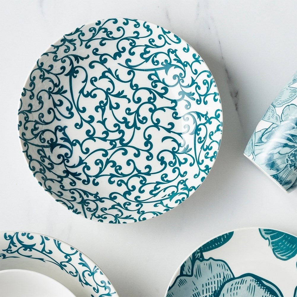 Deep porcelain tableware with turquoise decor, dishwasher safe