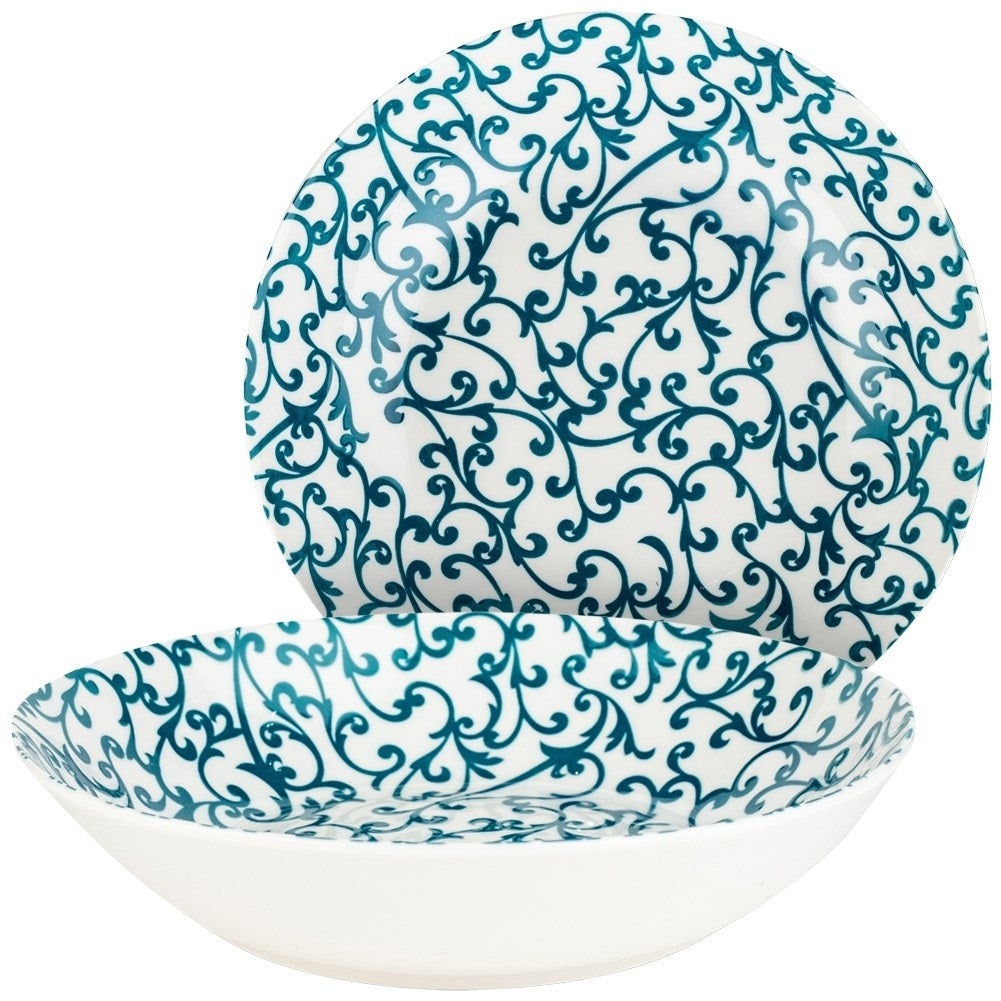 Deep porcelain tableware with turquoise decor, dishwasher safe
