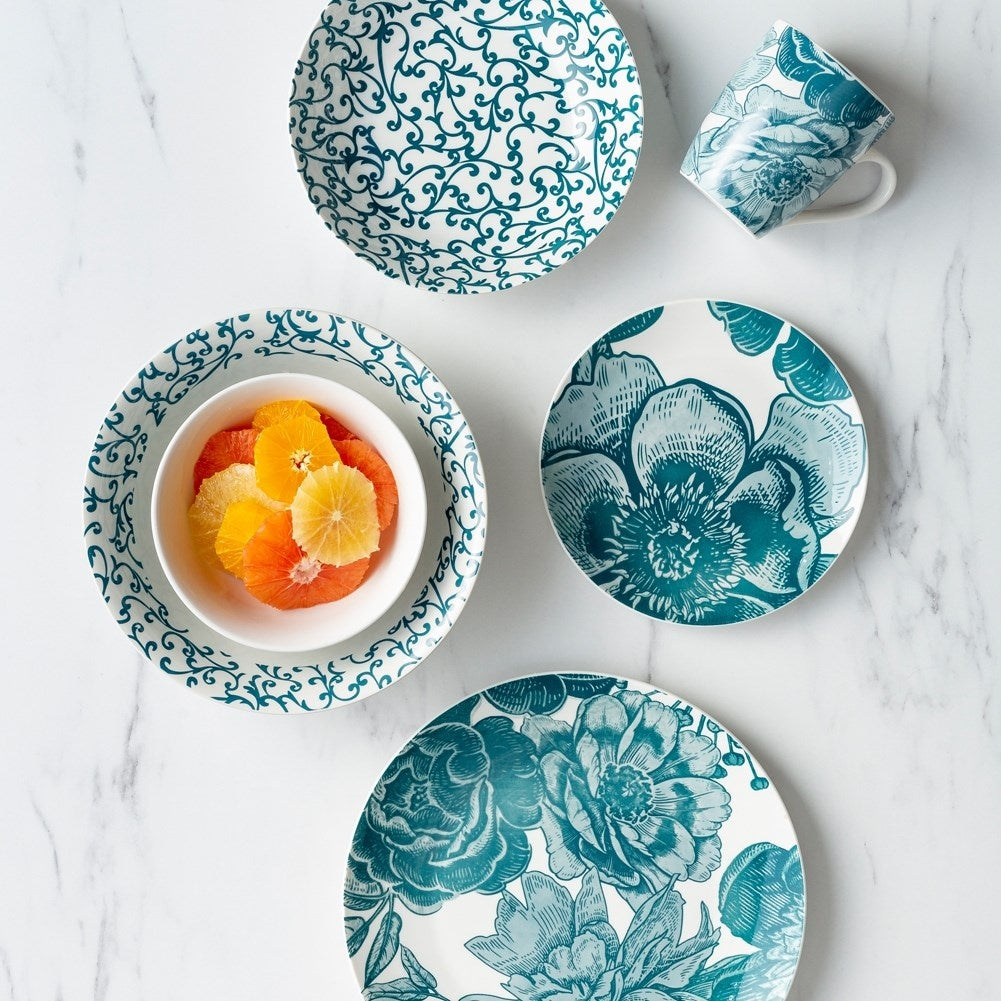 Deep porcelain tableware with turquoise decor, dishwasher safe