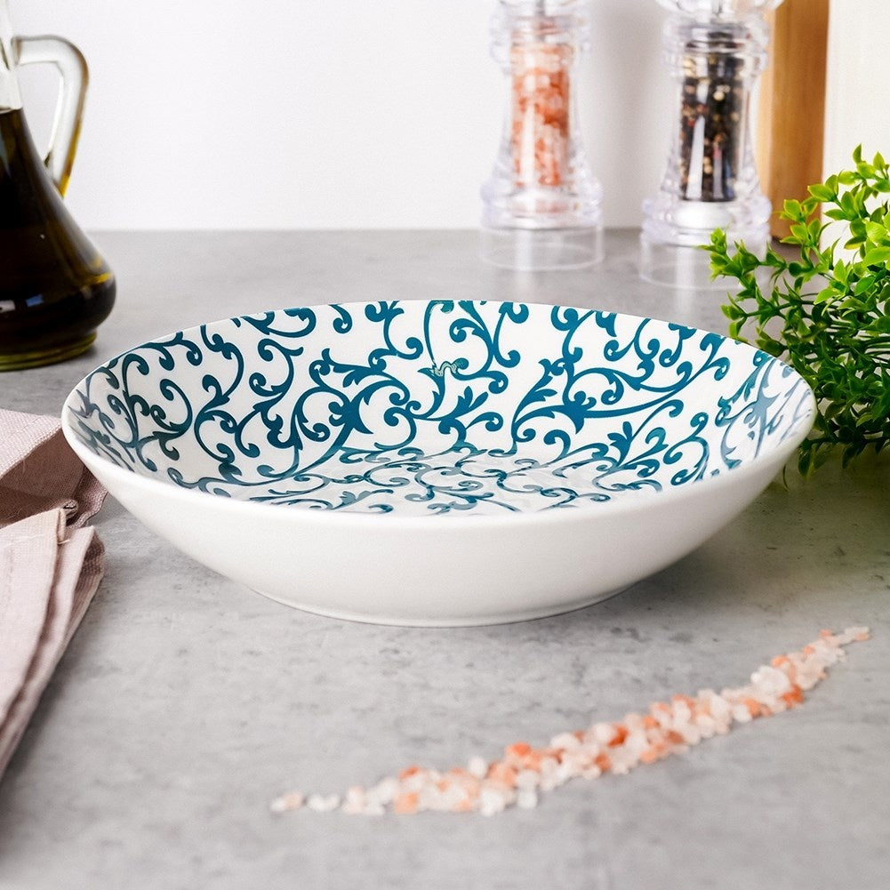 Deep porcelain tableware with turquoise decor, dishwasher safe