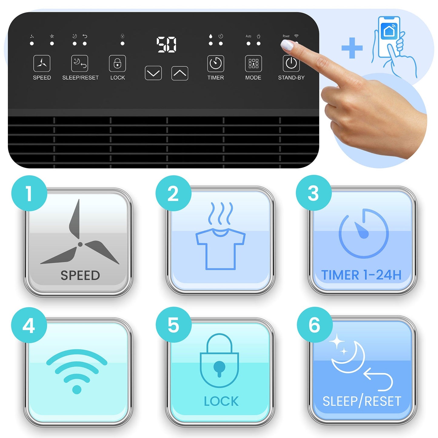 Dehumidifier with WiFi, 25L/Day, 6.5L Tank, Quiet, 30m²