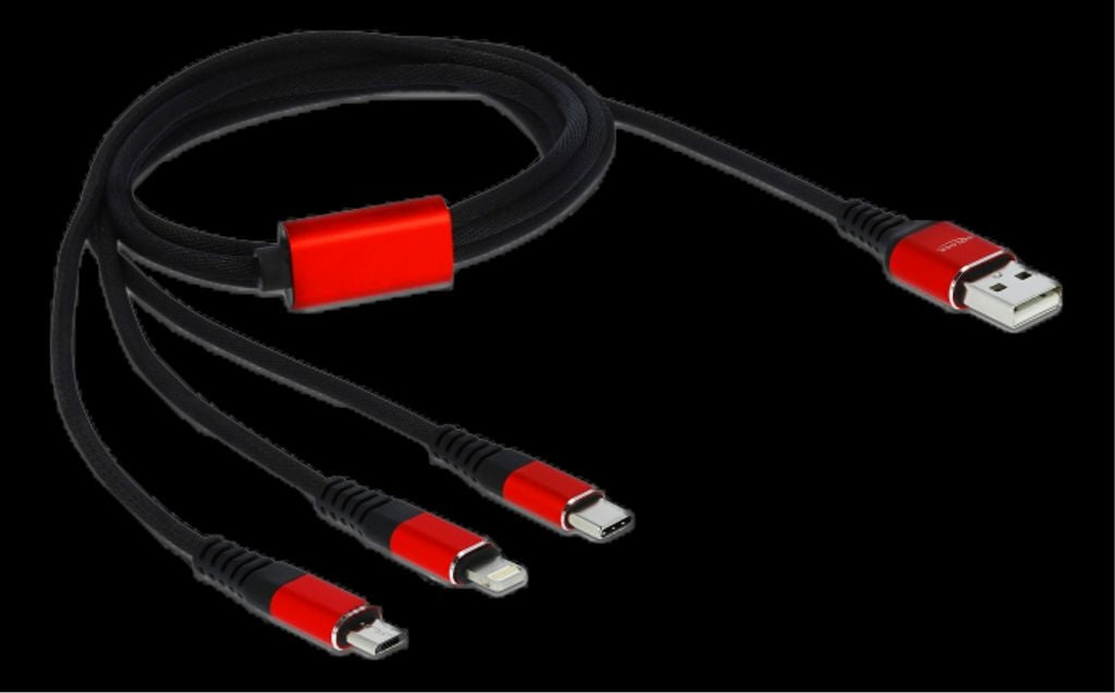 Delock 3-in-1 USB-A to Lightning/Micro USB/USB-C Charging Cable, 1m - Black/red
