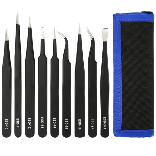 Deltaco Tweezers set for Electronics/ESD, 9 parts - Black