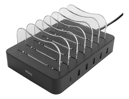 Deltaco USB Charging Station, 5x USB-A, 1x USB-C PD, 50W - Black