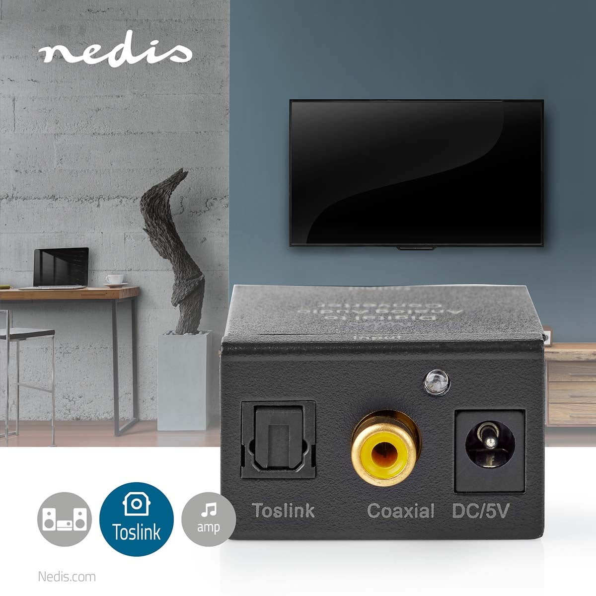Digital Audio Converter | One way | Connection input: 1x Digital RCA / 1x TosLink | Connection output: 1x (2x RCA) / 1x 3.5 mm | Automatic | Integrated amplifier | Black