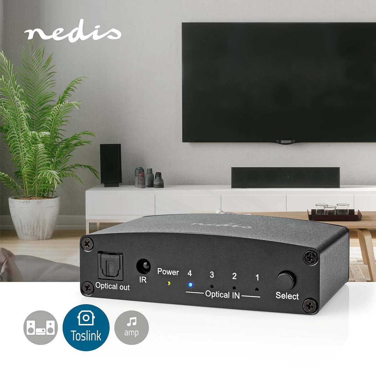 Digital Audio Switch | 4-way | Connection input: DC Current / 4x TosLink | Connection output: TosLink Female | Remote control / Instruction book / Button | Metal | Black