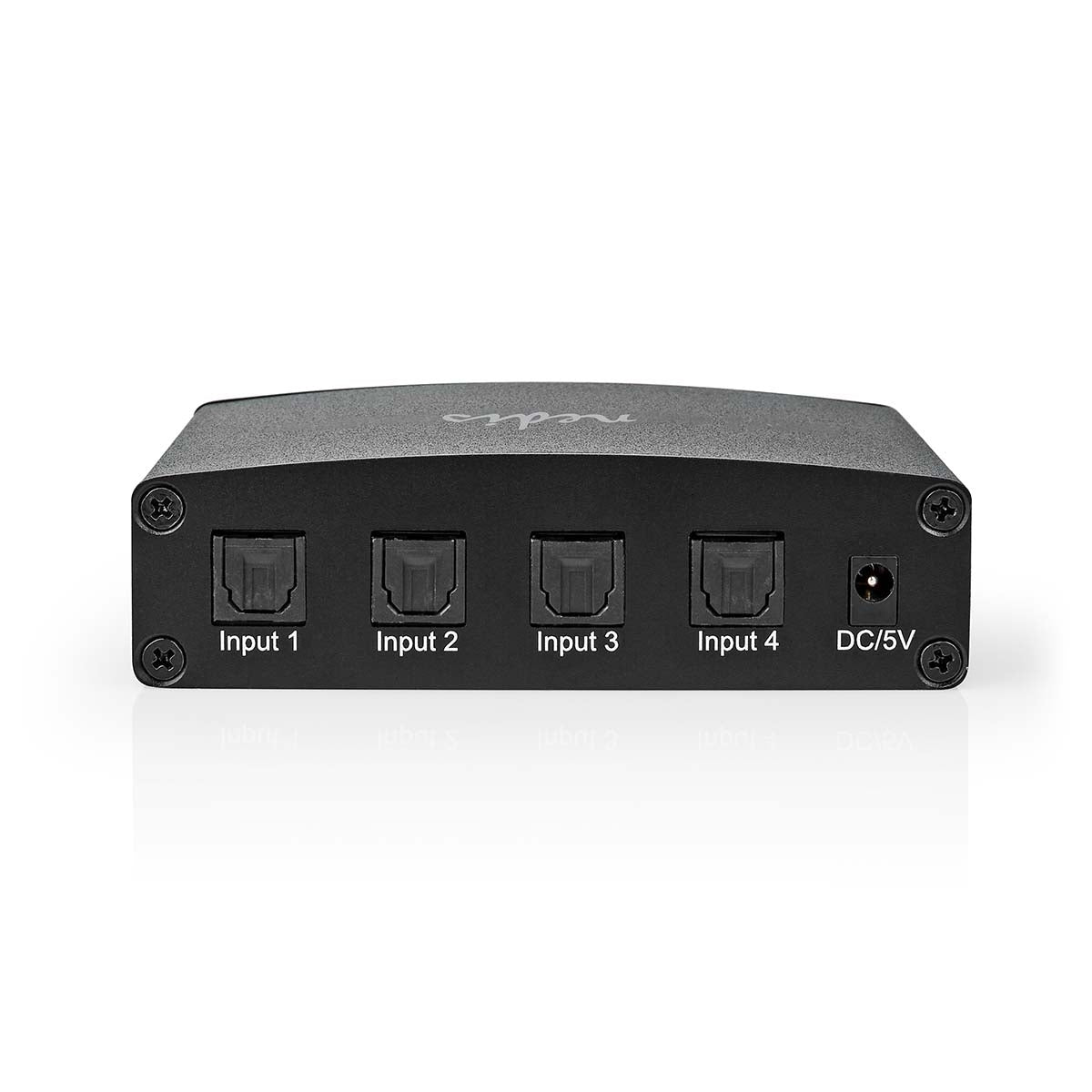 Digital Audio Switch | 4-way | Connection input: DC Current / 4x TosLink | Connection output: TosLink Female | Remote control / Instruction book / Button | Metal | Black