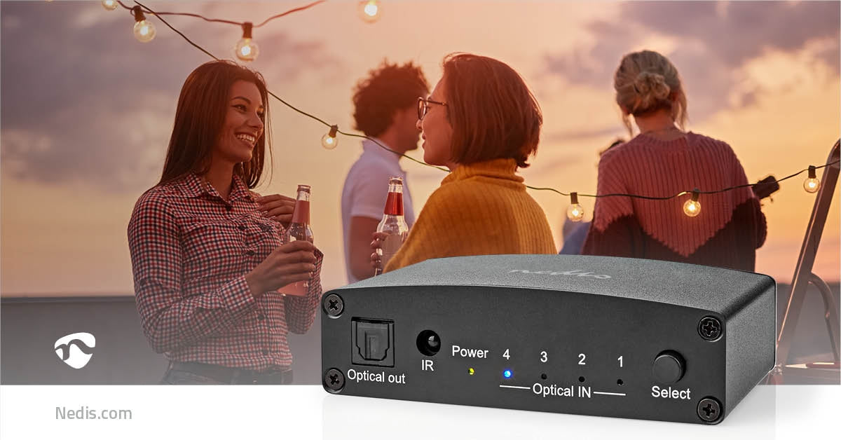 Digital Audio Switch | 4-way | Connection input: DC Current / 4x TosLink | Connection output: TosLink Female | Remote control / Instruction book / Button | Metal | Black