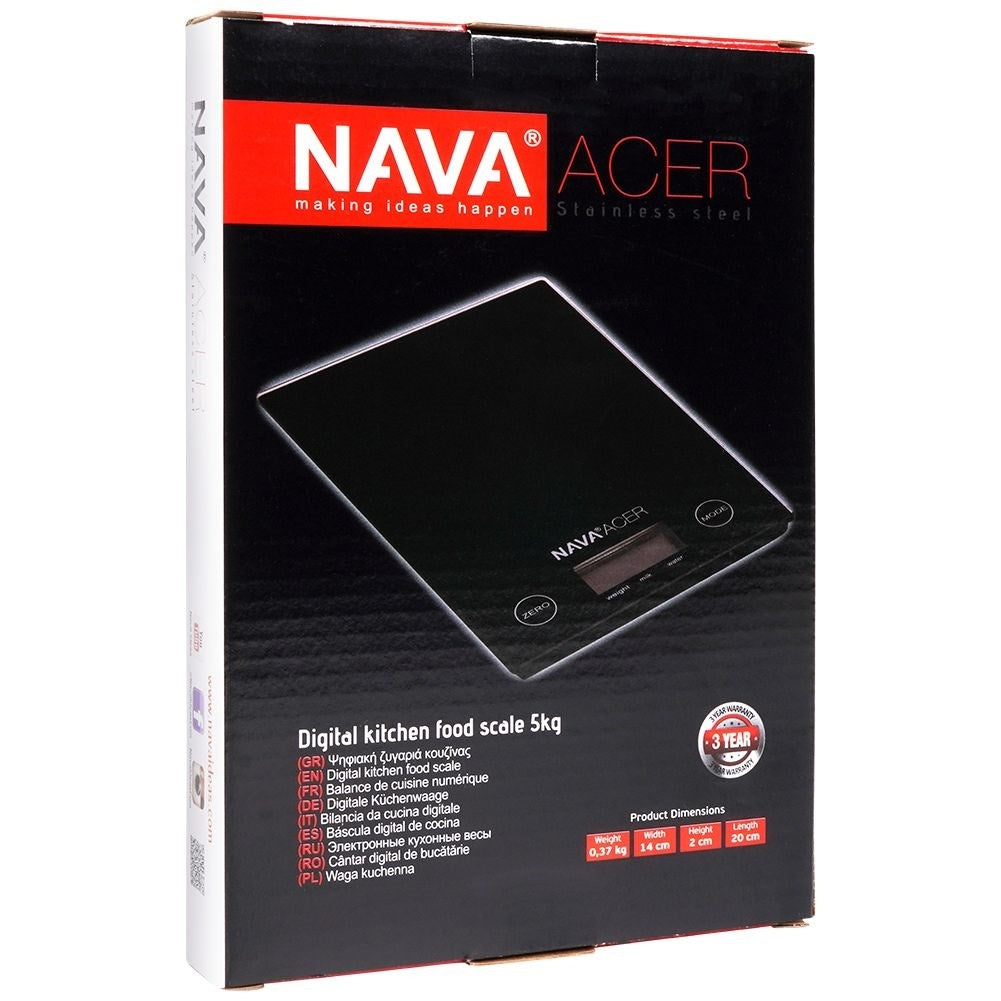 Digital kitchen scale in black glass with LCD and 5 kg capacity