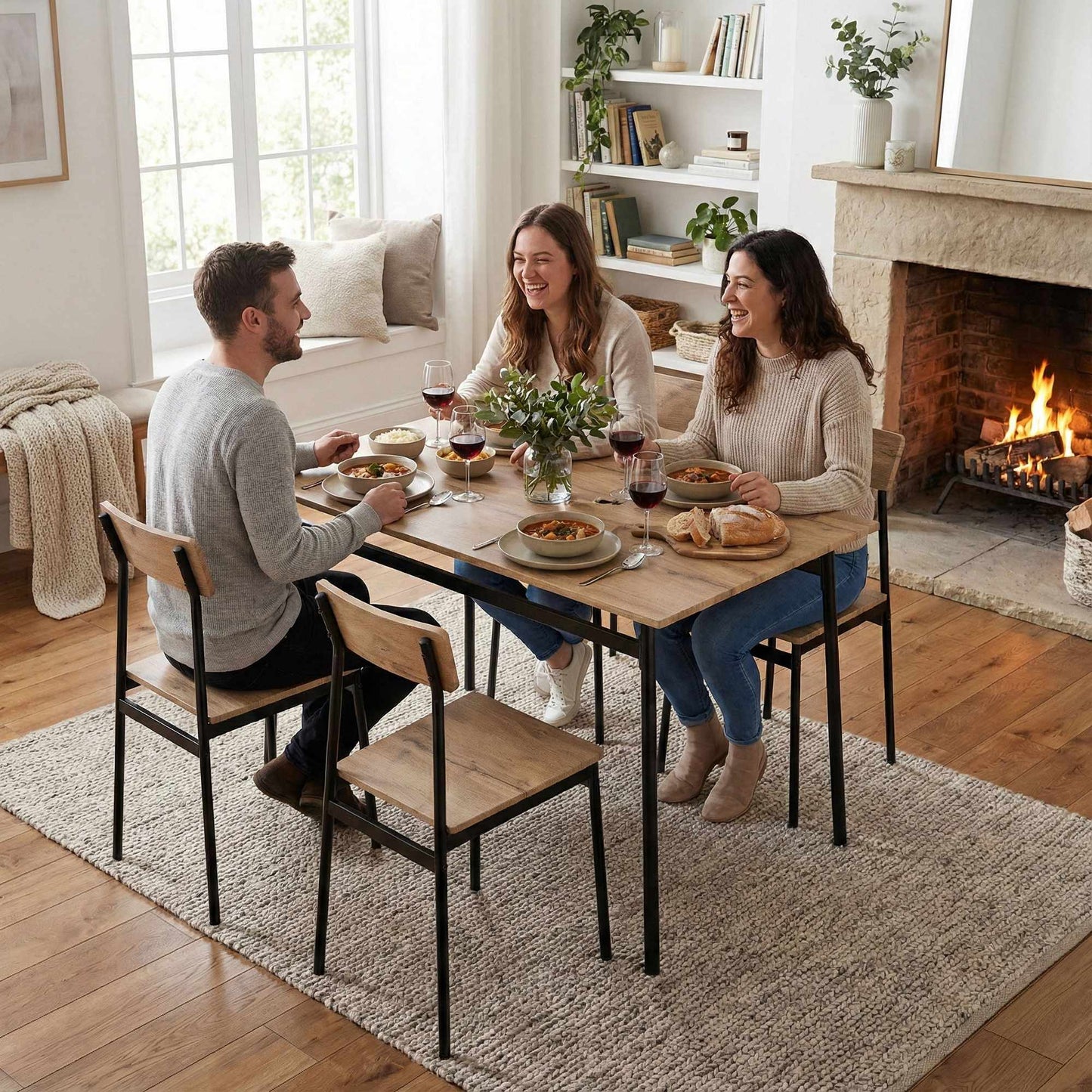 Dining Table Set with 4 Chairs, MDF & Steel