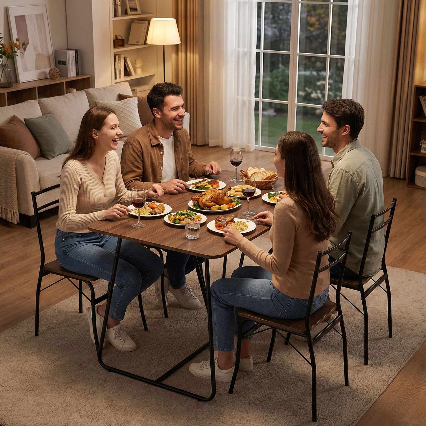 Dining Table Set with 4 Chairs, MDF & Steel